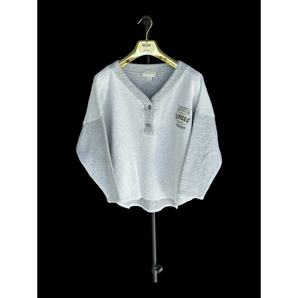 Vintage 90s Express-Tricot Cardigan Sweatshirt Womens Medium Grey Cropped‎ Y2K